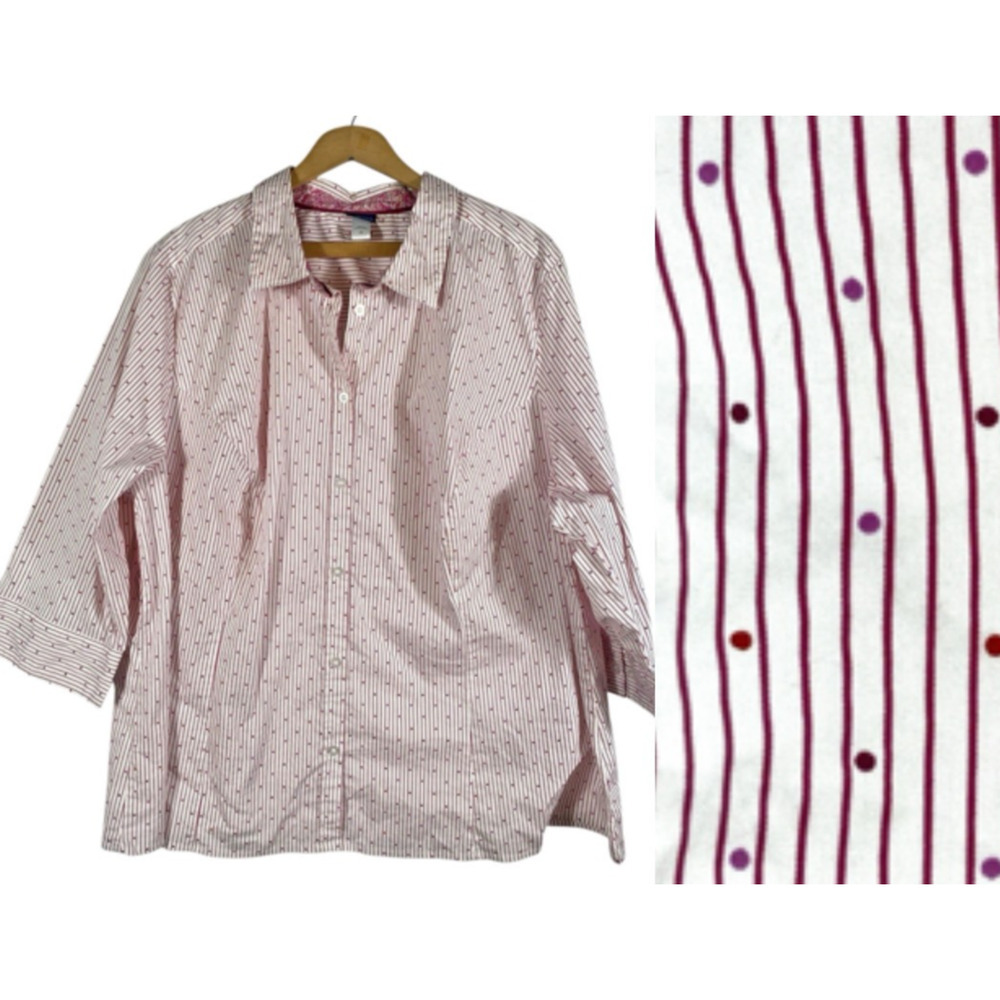 Basic Editions Blouse Top 3X Button Up White Red Polka Dot Stripe Cottagecore
